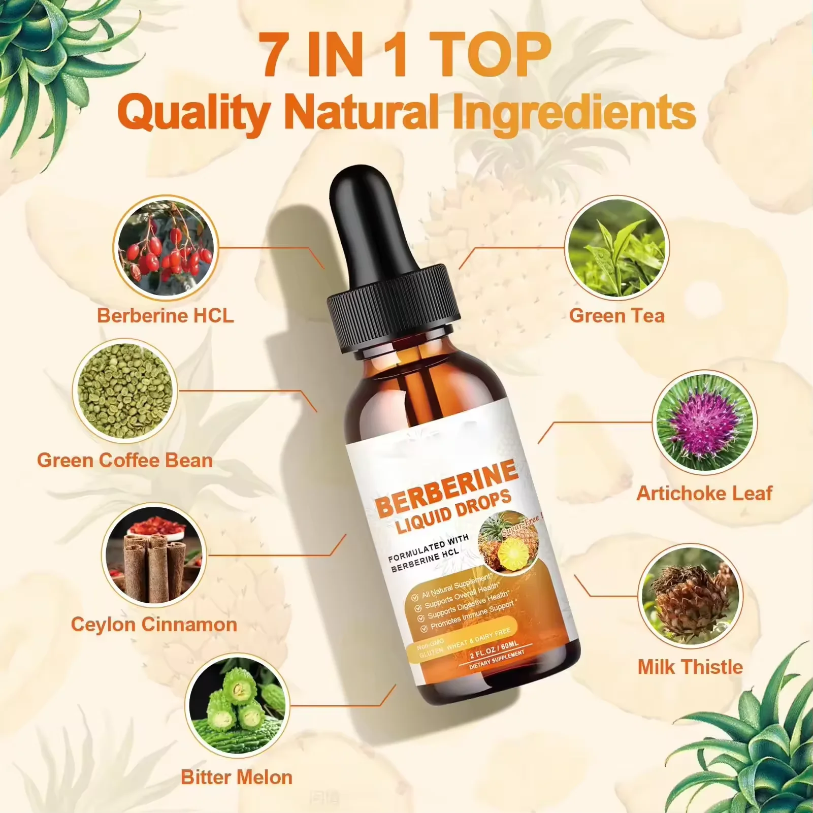 Vitahealthy OEM/ODM Private Label Factory Supply Berberine Drops 7 In 1 Support Overall Health 1500mg BBR