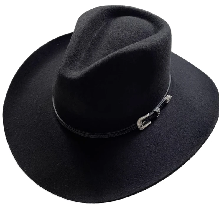 A112002      Wholesale Cowboy Western Fedora Hats 100% Wool  Custom Black Chapeau With Hat Band  Unisex Stuyle