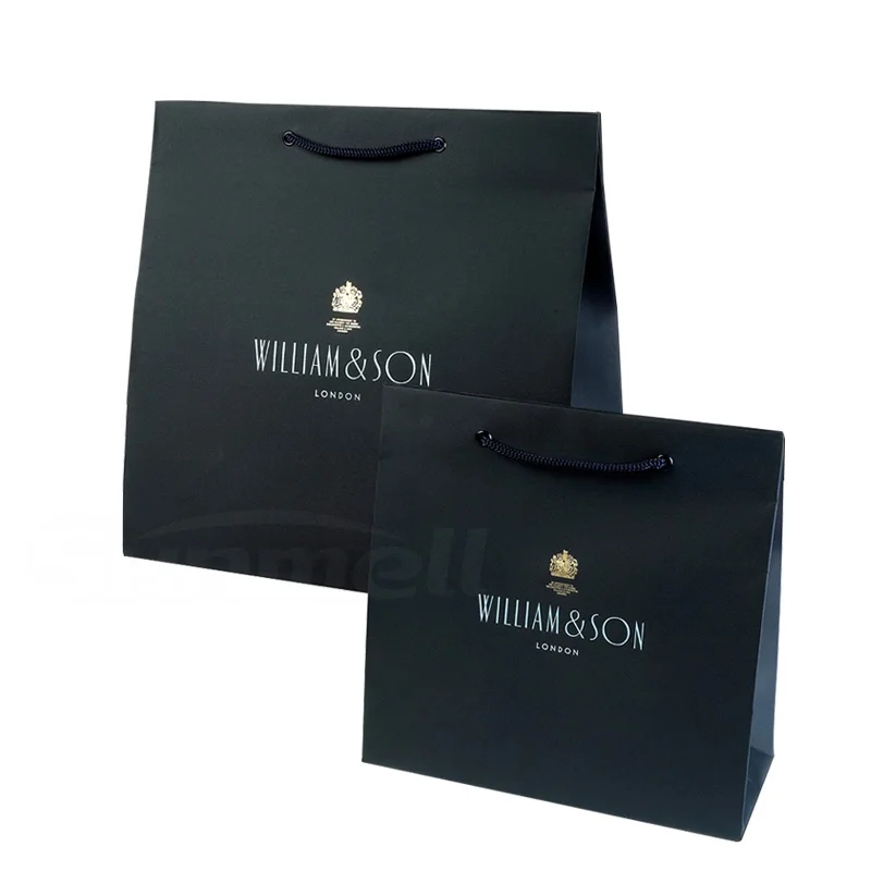 China customized logo luxury clothes packaging paper bag with handls black shopping bag for clothes with golden foil stamping