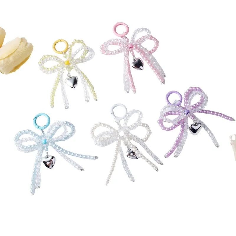Pearl Bow Keychain Heart Key chain Cute Keyring Y2k Bowknot Key Holder Lady Bag car key Pendant Accessories Heart Sweet Keychain