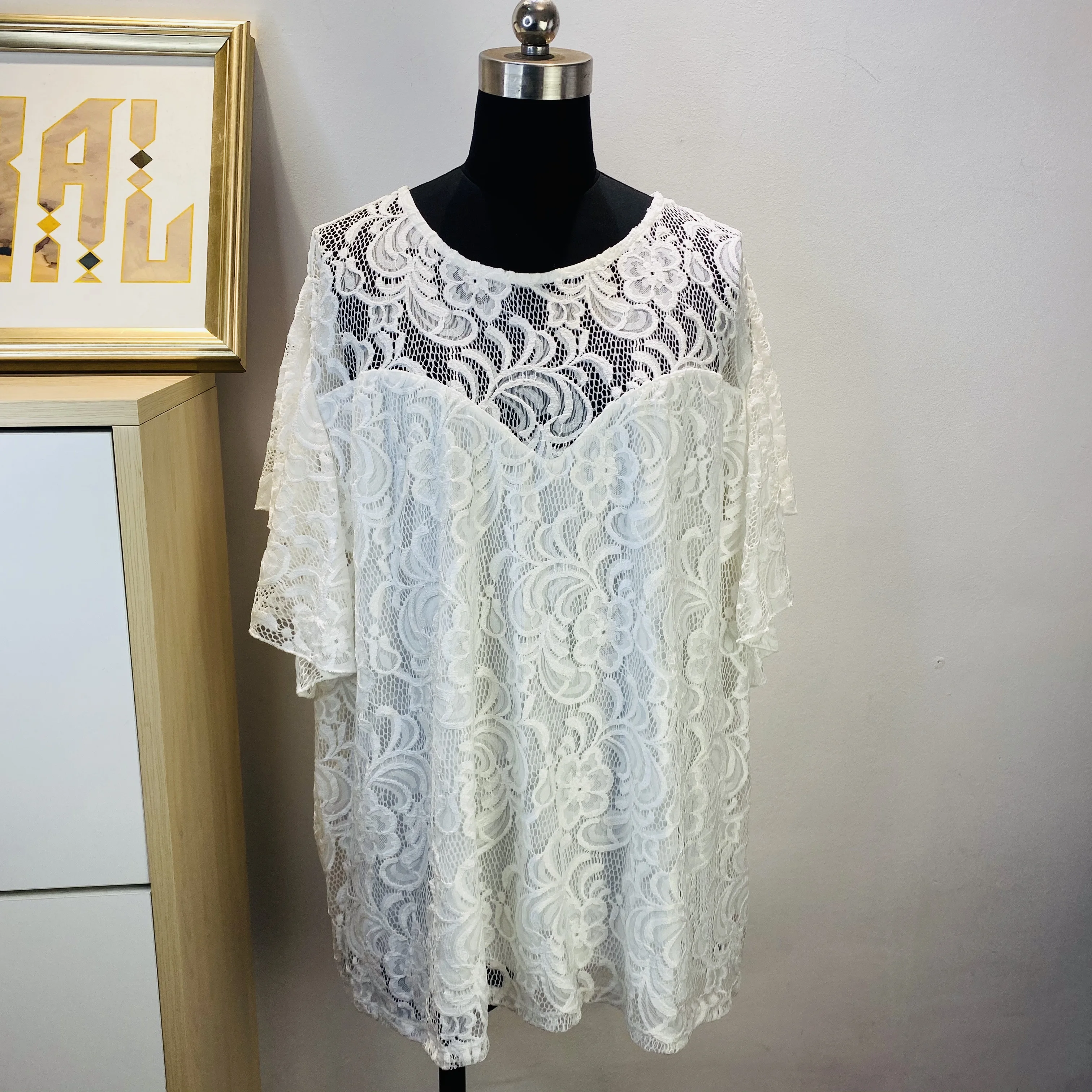 
Women Casual Flutter sleeve Flower Lace Plus size Blouse 