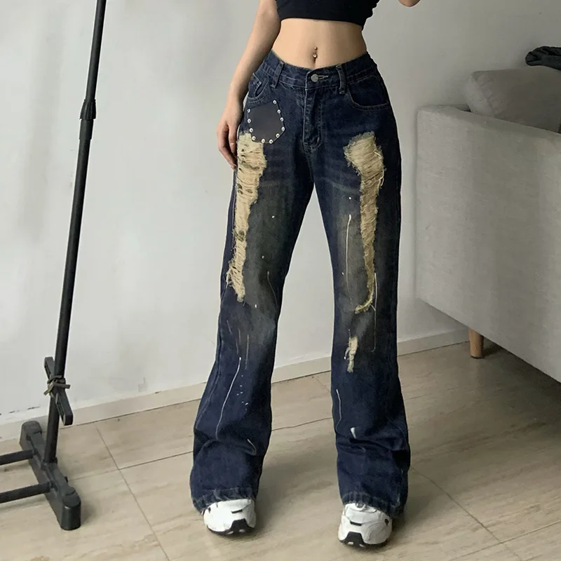 Retro Skeleton Print Denim Jeans Women Grunge Loose Baggy Pants Streetwear High Waist Cargo Trousers Vintage Cuteandpsycho