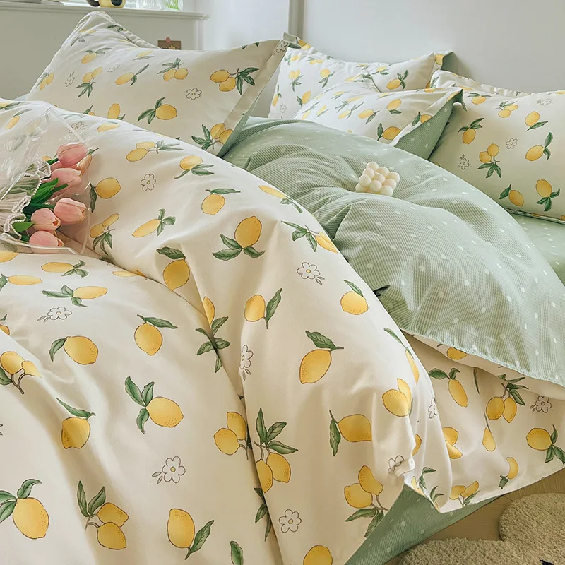 Four-Piece Bed Sheets Plant Printed Floral Duvet Cover Set Quilt Cotton Bedding Set