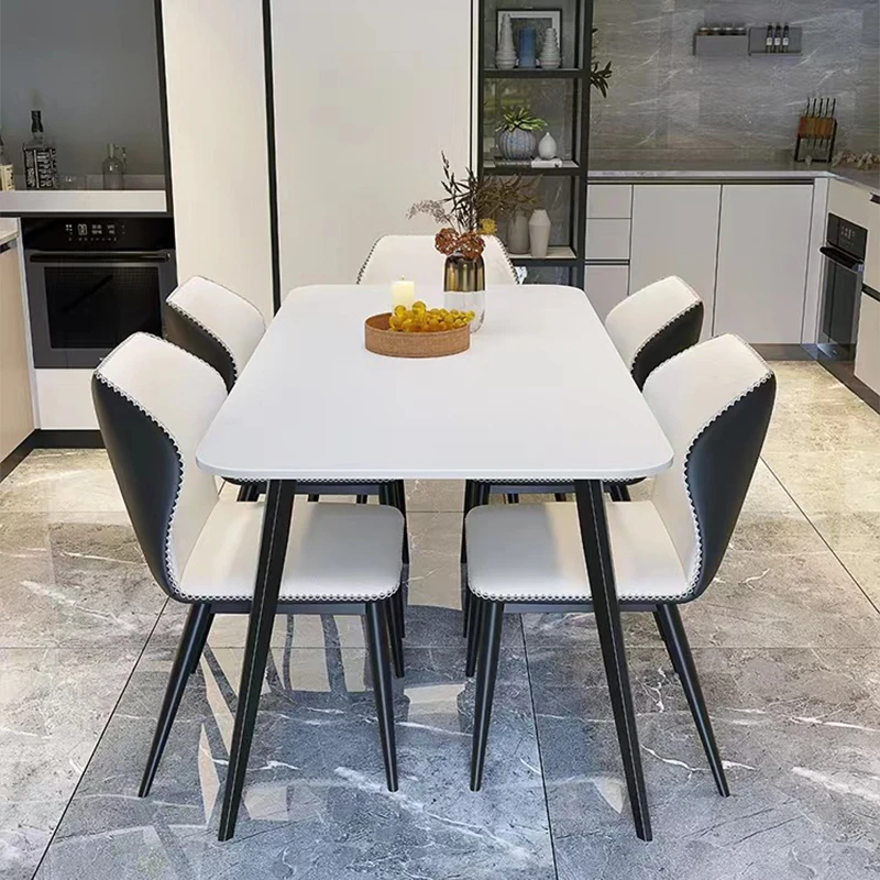 Italian modern simple carbon steel marble slab rectangular 4 6 8 seats dining room furniture table luxury leather chairs set