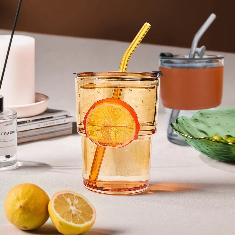 Reusable Custom Water Espresso Coffee Bubble Tea Glass Cups with Lids and Straws Glass cup with leather to prevent scalding
