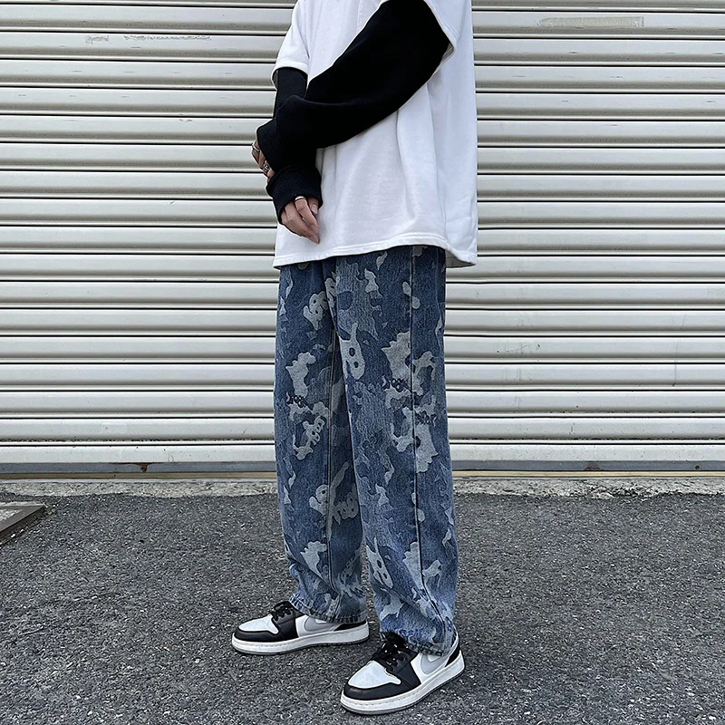 Autumn and winter American street camouflage jacquard jeans men loose straight trend teen student pants