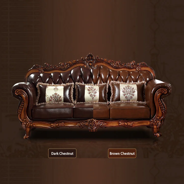 Chuangdian Foshan Factory Customized Luxury European Style Solid Wood Frame Brown Vintage Genuine Leather Living Room Sofa
