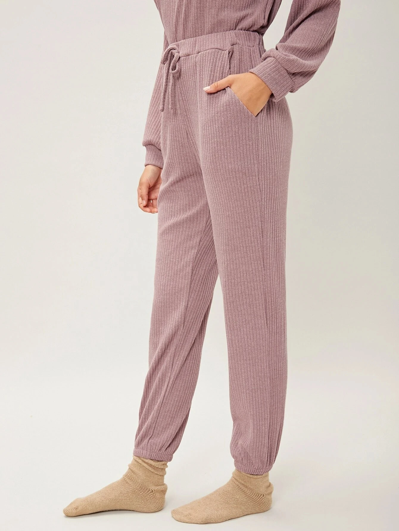 Spring Autumn Solid Pajama Women Drawstring Waist Casual Lounge Polyester Ribbed Knit Long Lounge Pants