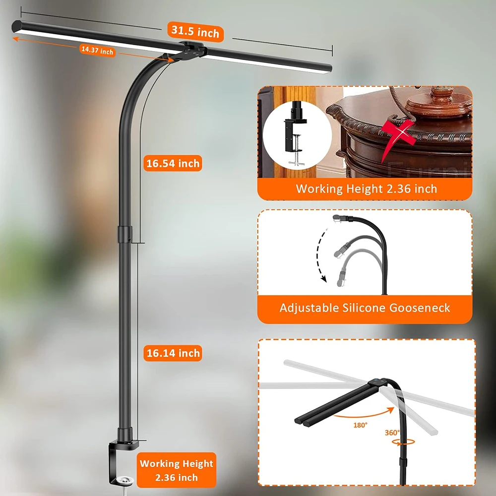 24W Flexible Gooseneck Study LED Table Light Computer Monitor LED Desk Lamp for Office Home