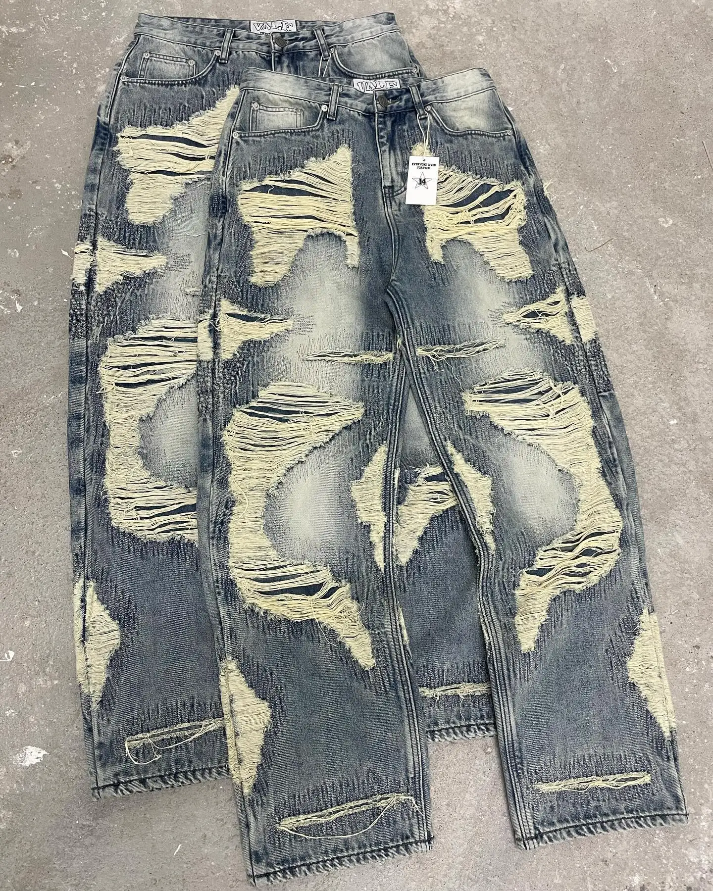 Salati Wholesale Boot Cut Wash Ripped Wide Leg Straight Distressed Flared Rhinestone Cargo Denim Jeans Pant Baggy Men Jeans