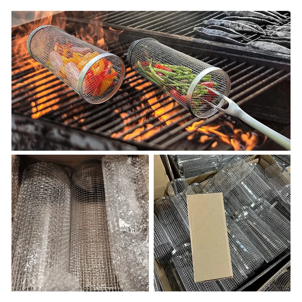 Portable Outdoor Camping Smoking Stainless Steel BBQ Accessories Wire Mesh Cylinder Barbecue Rolling Rack Tool Grill Basket