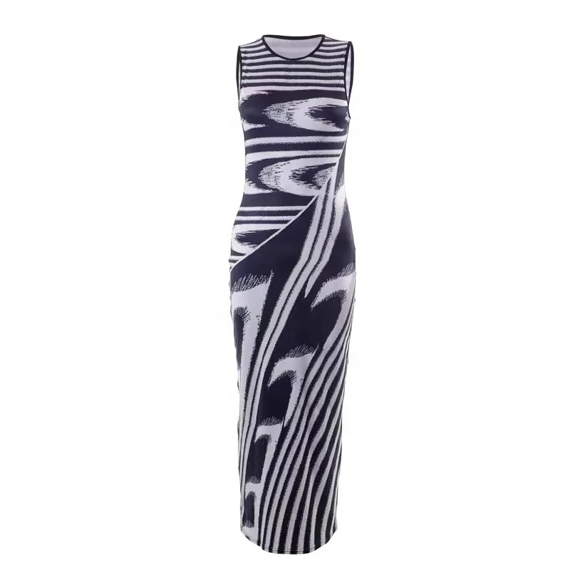 Женское платье макси без рукавов весеннее для отпуска с эстетичным принтом и круглым вырезом 2023