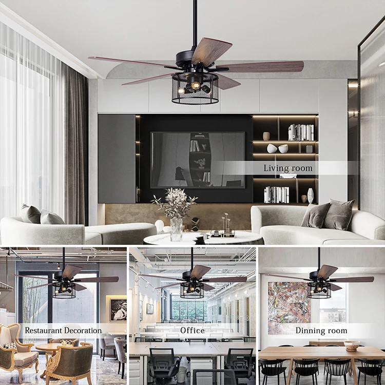 Modern Living Room Bedroom Indoor 52 Inch Black Remote Control Led Ceiling Fan with Lights