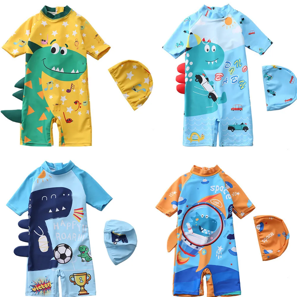 High Quality Kids Fashion Swimwear Children Boy One Piece Cartoon Hooded Short Sleeve Swimsuit for Beach