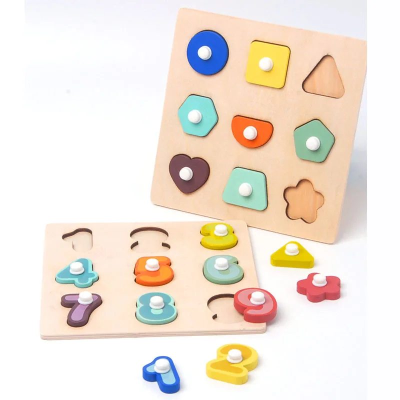 Montessori Wooden Digital Shapes With Hand Grab Board Enlightenment Cognitive Early Education Toy For Children
