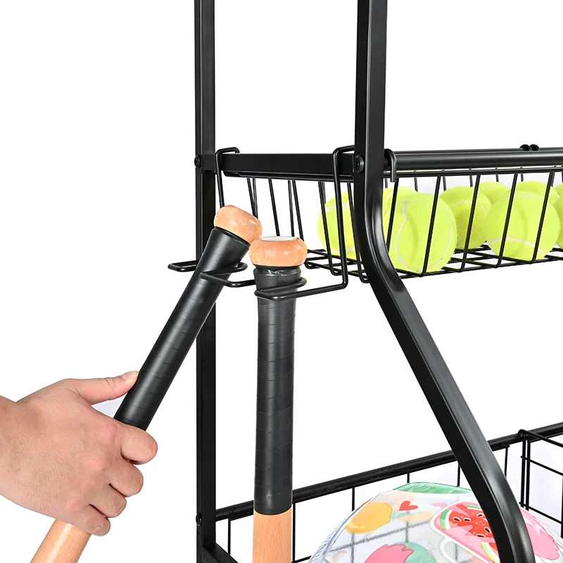 Customized Garage Sports Equipment Organizer Rack Ball Storage Ball Sports Storage Cart with Baskets and Hooks