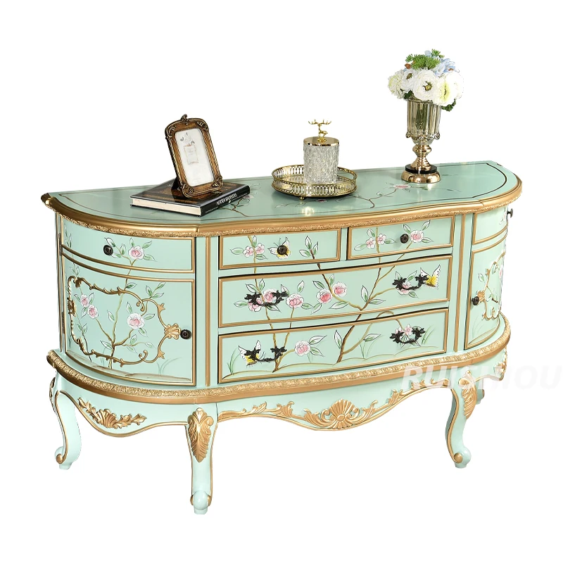 Solid French Handcrafted Antique Cupboard with Four Drawers Wood Deco Inspired Nature Hand Painted Art Living Room Dining Area