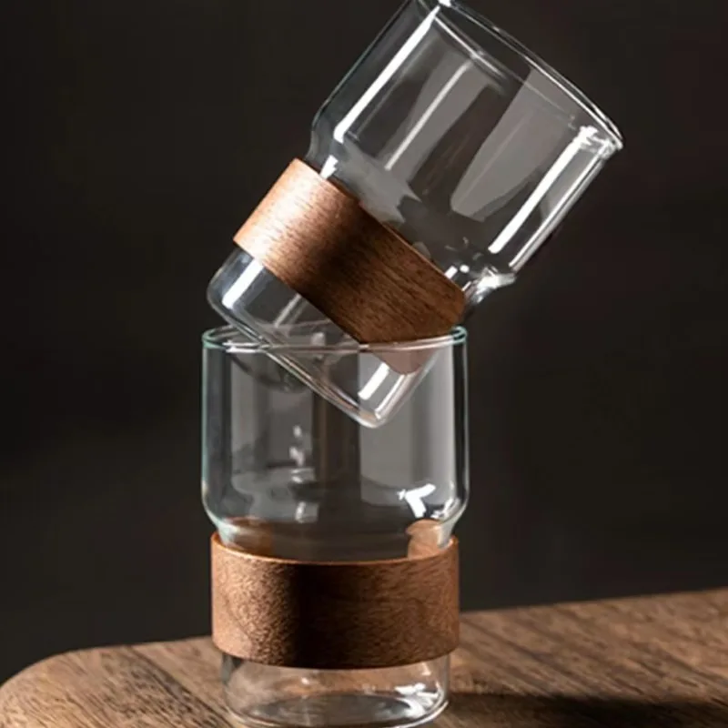 Insulated Ear Hanging Coffee Iced American Latte High Aesthetic Advanced Glass Tea Household Wooden Chip Insulated Tea Cup