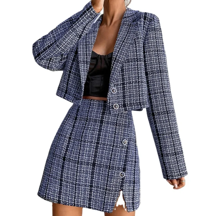 Custom autumn long sleeve lapel plaid tweed blazer & split hem skirt two piece suit sets