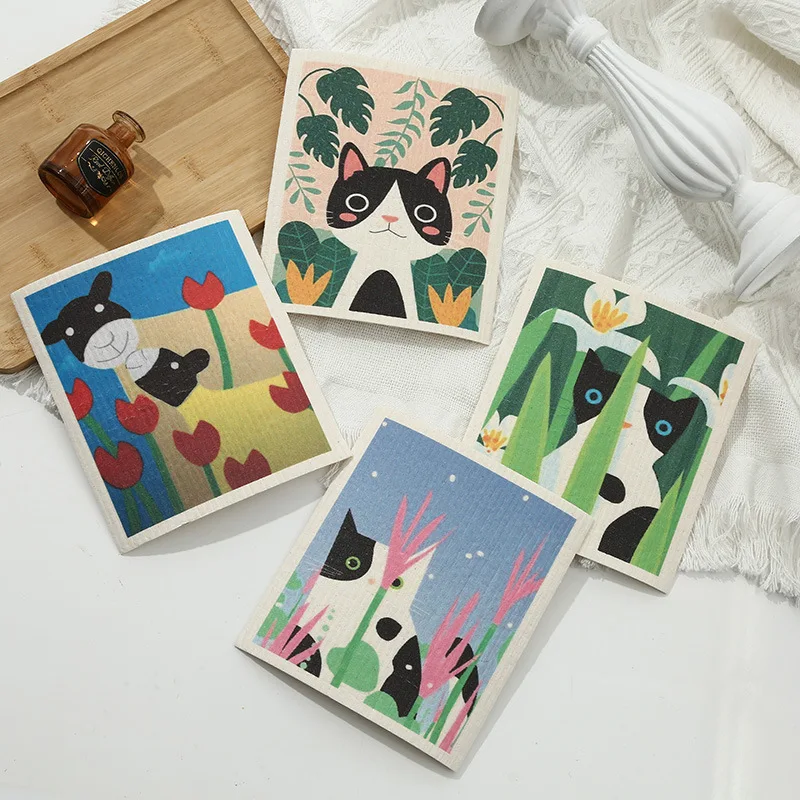 Custom Printing Reusable Absorbent Cellulose Dish Sponge Cloth Swedish Dishcloth Cleaning Cloths