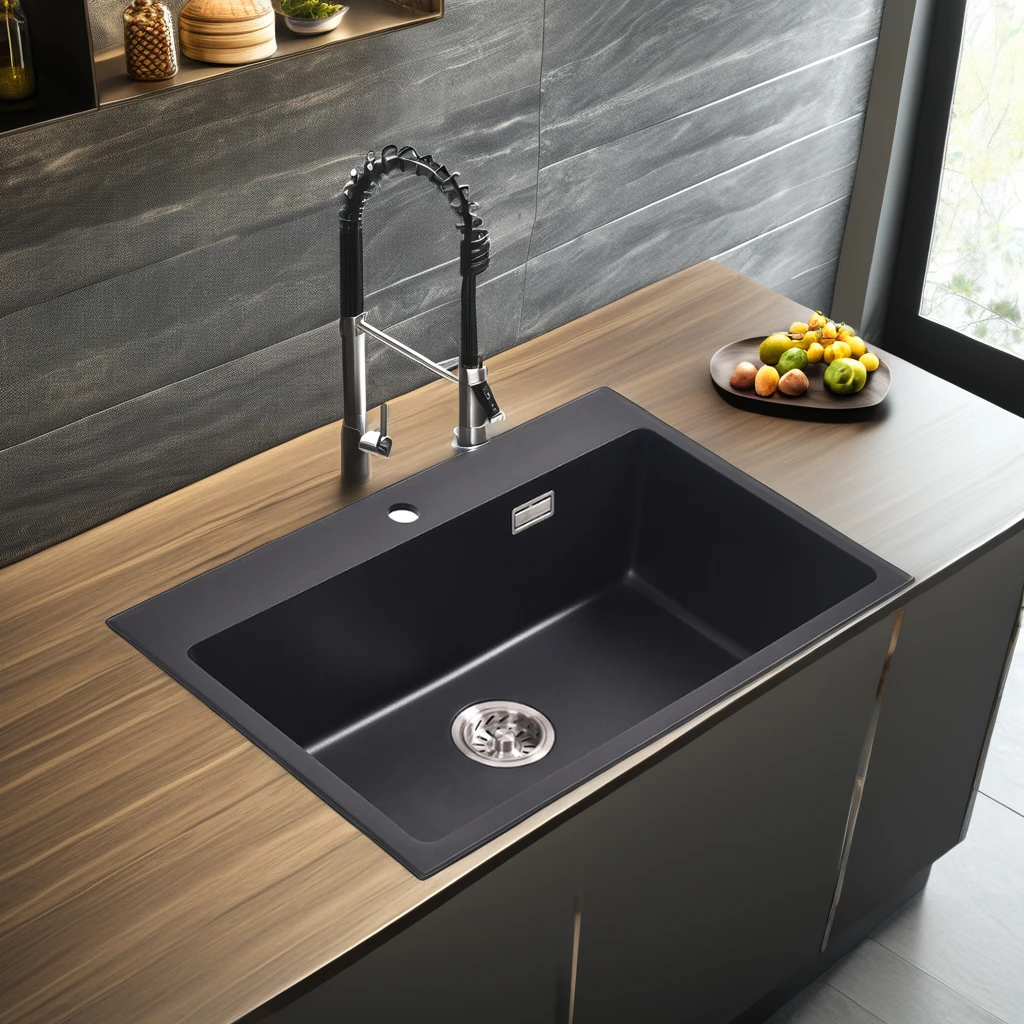 NUOMI Layden Series Black Modern Single Bowl Kitchen Handmade Multifunctional Granite Mounting Bracket Drainer One-Hole Kitchen