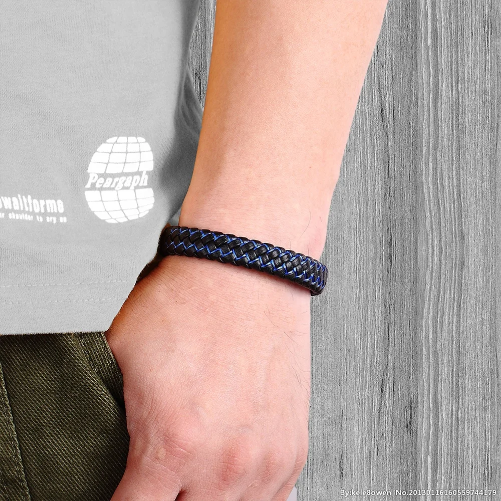 Trendy Men  2 tone  Genuine Leather magnet close stainless steel charm cool boys bangles and bracelets