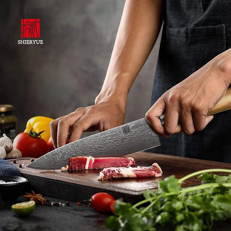 OEM custom Noble raw wood handle damast chef knife vg10 damascus kitchen knife set with silver ring