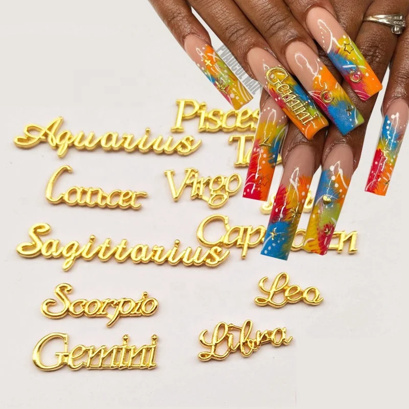 12pcs Nail Art Charm 3D Alloy Gold Constellation Letters Shape Crystal Rhinestone Press On Tips Decoration