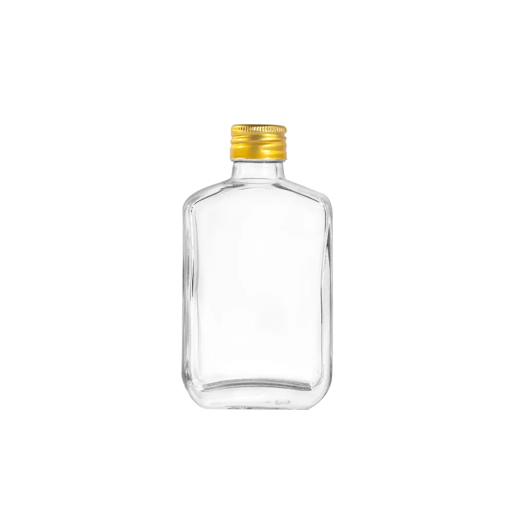 High Quality Factory Supply 100ml 205g Flask Shape Miniature Glass Spirits Bottle With Gold Aluminum Lid Private Label