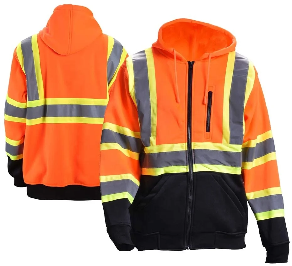 Hi Vis Safety Fleece Zip Hoodie Sweatshirt ANSI Class 3 Reflective with Black Bottom for Men