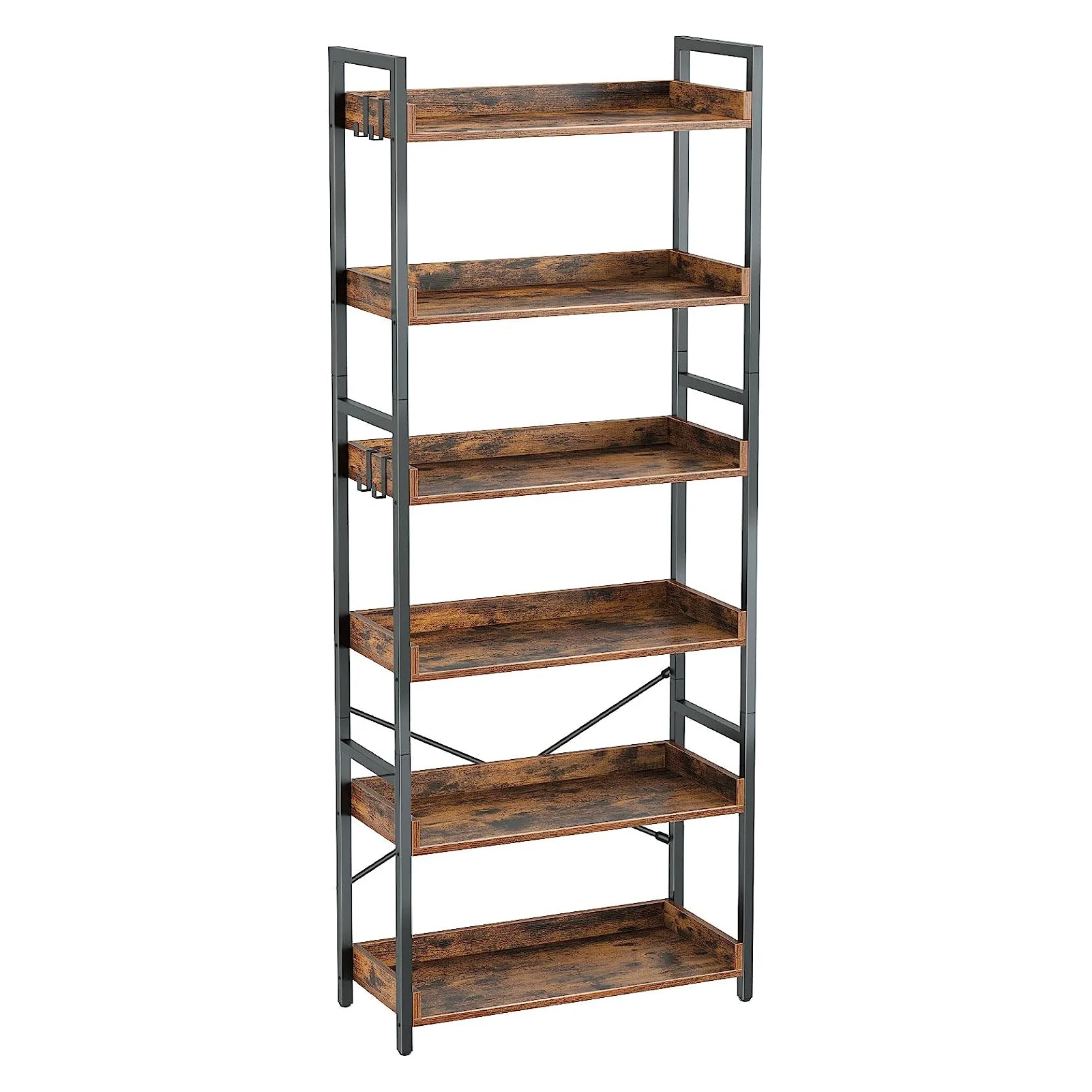 Bookshelf 6 Tier Industrial Bookcase Vintage Storage Rack with Open Shelves Rustic Standing Bookshelve Metal Frame Display Rack