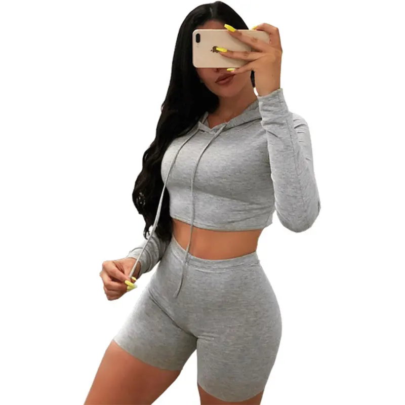 Promotional custom oem woman two piece cropped hoodie short set women clothing