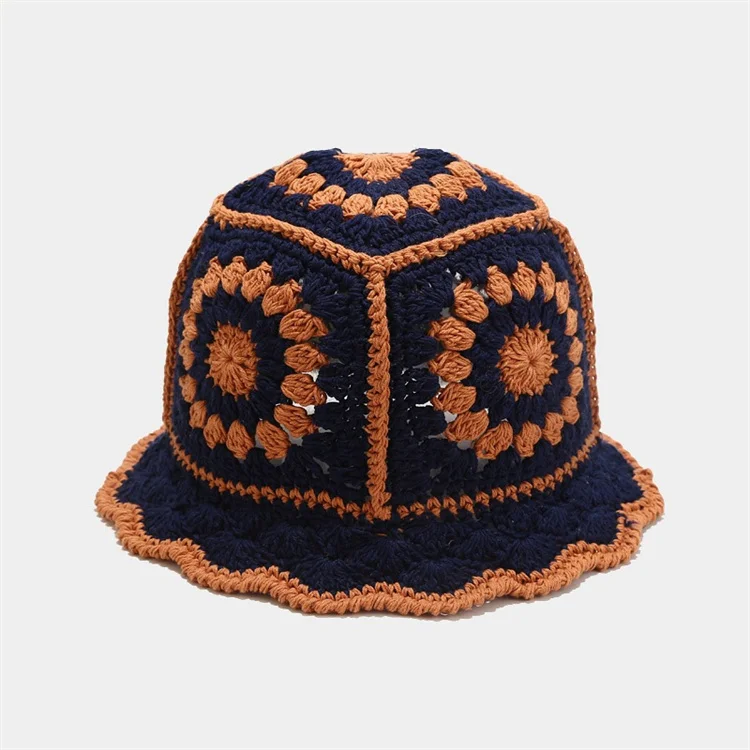 Custom Hollow Flower Winter Knitted Fisherman Cap Handmade Crochet Bucket Hat