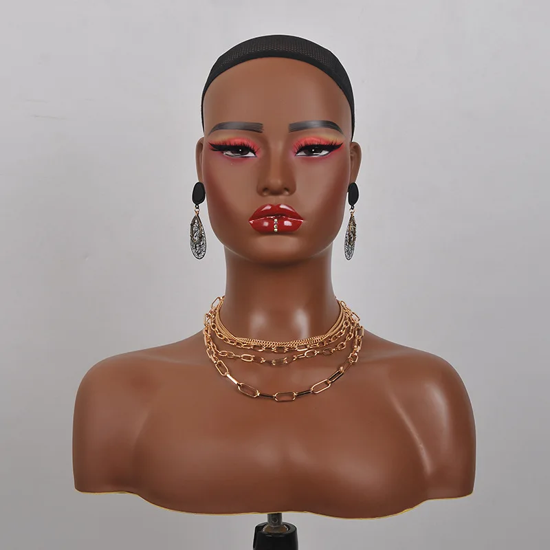 New Wholesale Makeup PVC Female Display African American Bust Mannequin Head with Shoulders for Wig Display