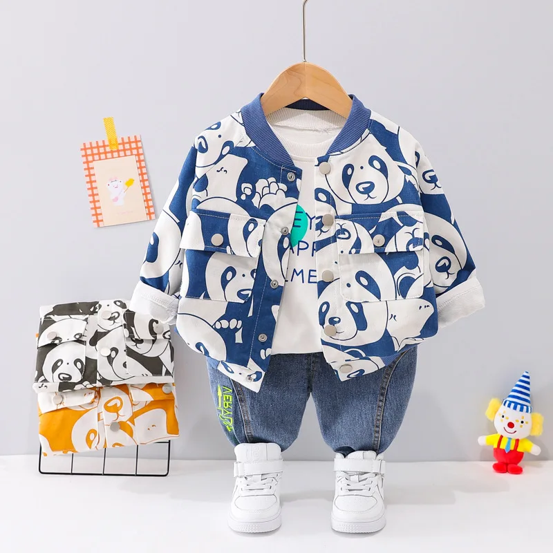 Children Cotton Wear Suits Boys Cartoon Print Panda T-shirt Pants 3Pcs Spring Autumn Sport Clothes