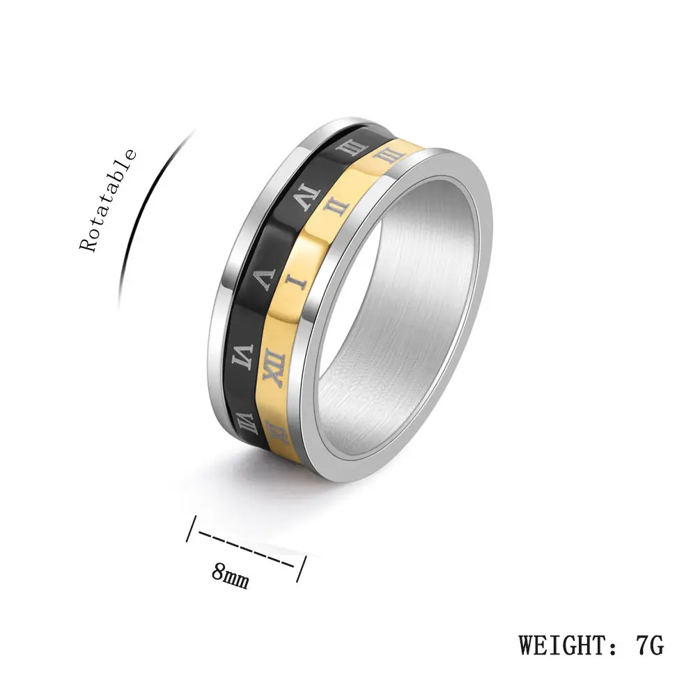 8mm titanium steel ring silver gold black three color Roman numerals rotatable stainless steel ring finger rings 597
