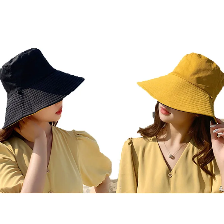 Summer big wide brim reversible blank plain black bucket hats women panama hat
