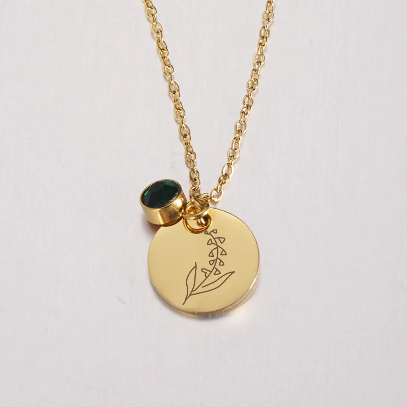 Customized Name Stainless Steel Birth Flower Pendant Necklace 18K Gold Plating 12 Birth Stones Flower Coins Charm Necklace