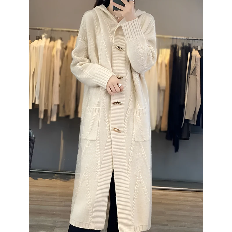 Guoou Inner Mongolia Wool  Mid Long 100% Cashmere Sweater Cable Cardigan Hooded Cardigan Women