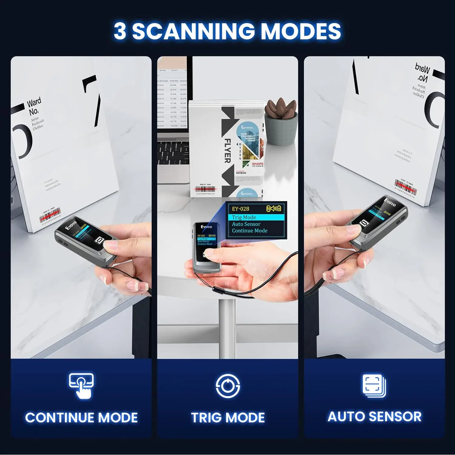 Eyoyo Mini Portable Wireless Bluetooth 1D 2D QR Code Reader Barcode Scanner with LCD Display for Library Inventory