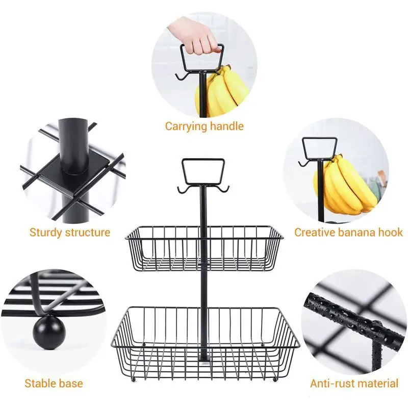 Detachable double metal fruit basket Countertop fruit drain basket with banana rack desktop snack storage basket
