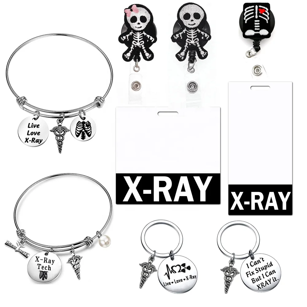 X-RAY Tech Skeleton Badge Reel Radiologist Gift Keyring Bracelet With Caduceus Charm Radiology Tech Jewelry Graduation Gift