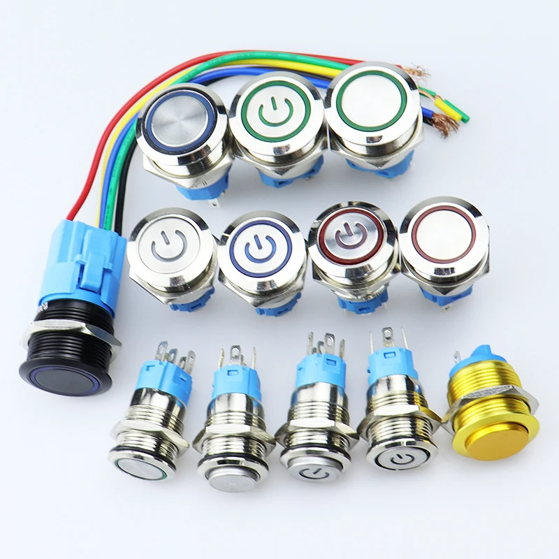 Push Button Switch Waterproof Dustproof Led Power Flat High Momentary Switches Oxide Lighted Metal 16mm Black 3-6 12-24 110-220V