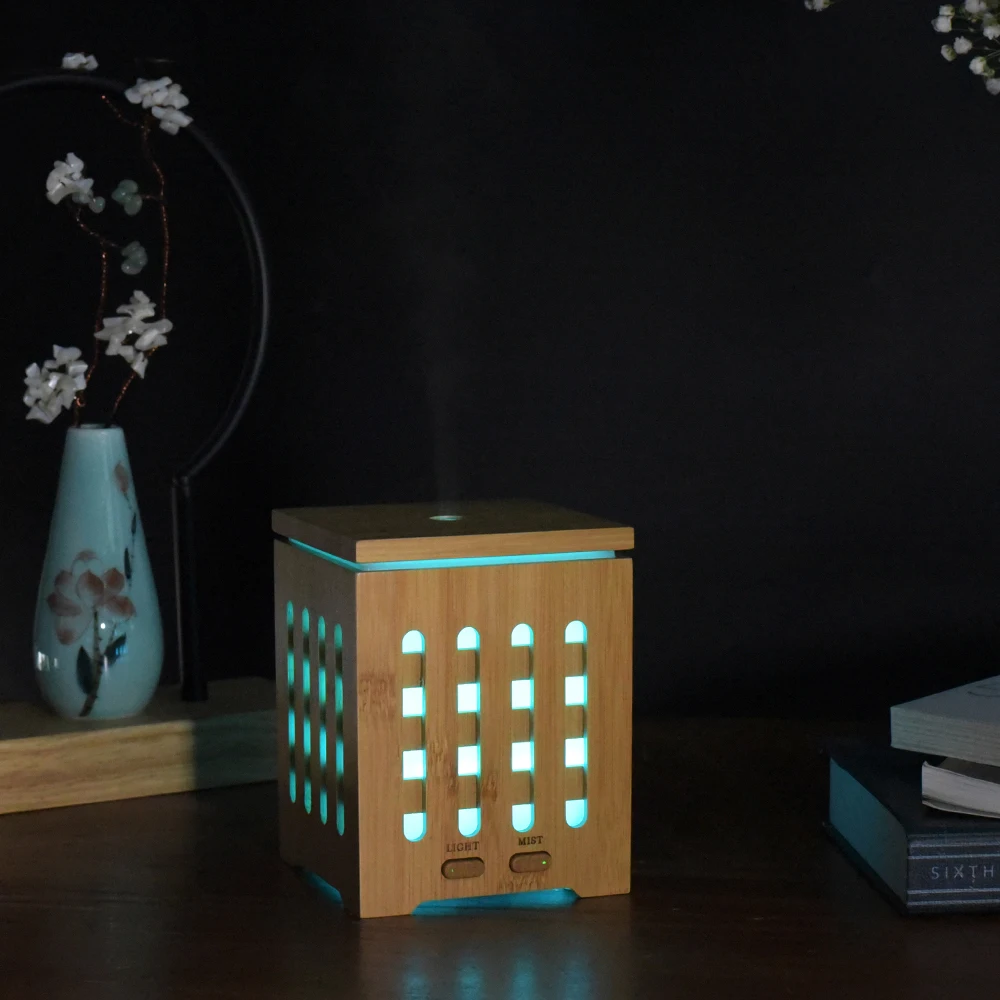 Square Shape Ultrasonic Aroma Diffuser Machine Real Bamboo Aromatherapy Essential Oil Diffuser