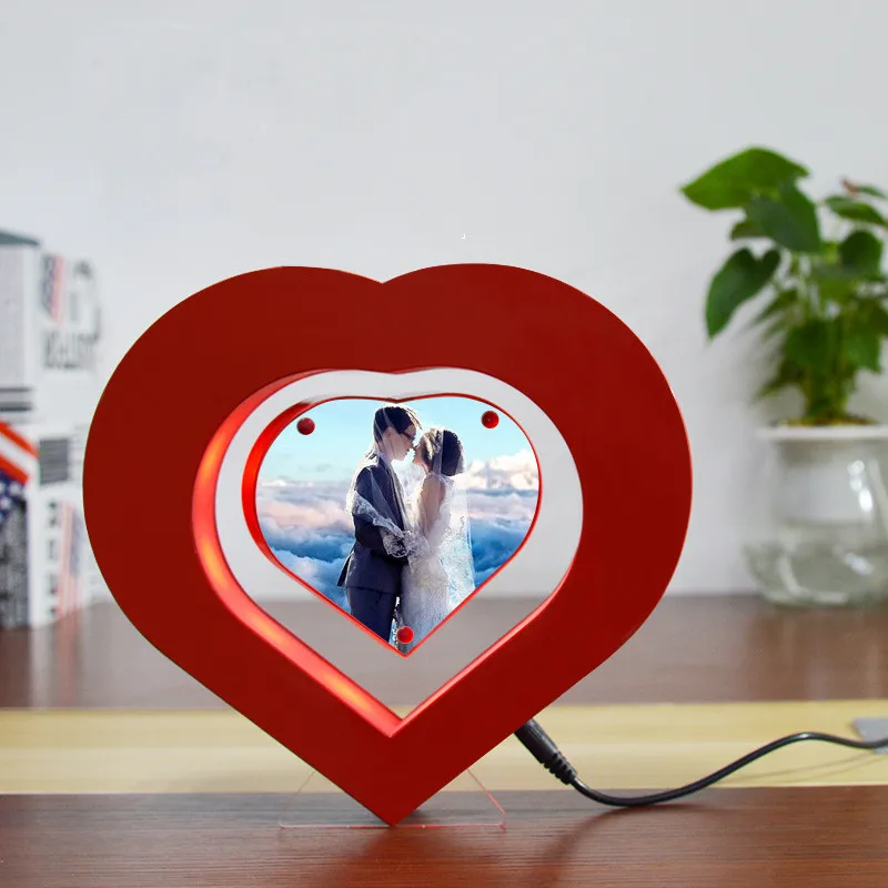 Heart Shape Rotating Two Sided Picture Frame Magnetic Rotating Levitating Floating Led Photo Frame for Wedding Home Decor