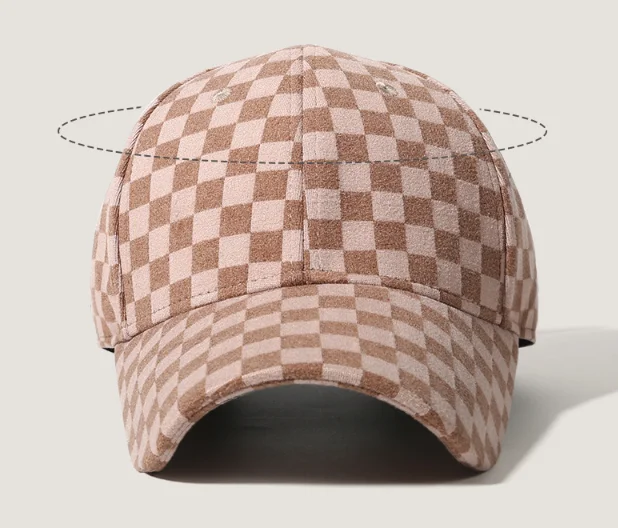 Custom Logo Checkerboard Pattern Baseball Caps Autumn Winter Wide Curved Brim Daily Outdoor Sports Hat Metal Buckle Back Closure