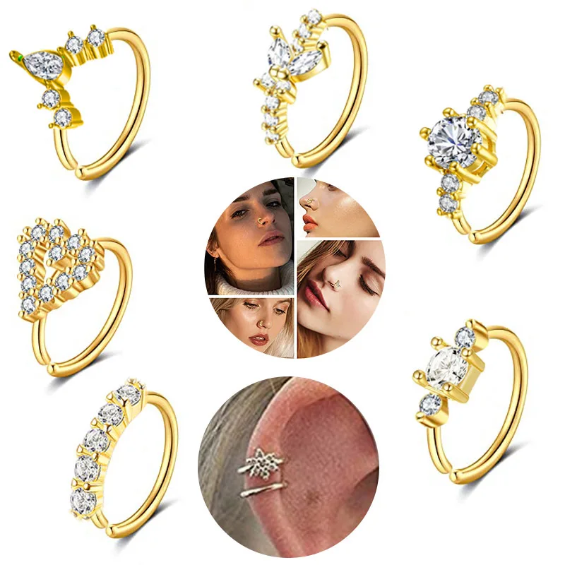 Stainless Steel Piercing Septum Surgical Nasal Ring Heart Geometric Pattern Fancy Crystal Zircon Nose Ring
