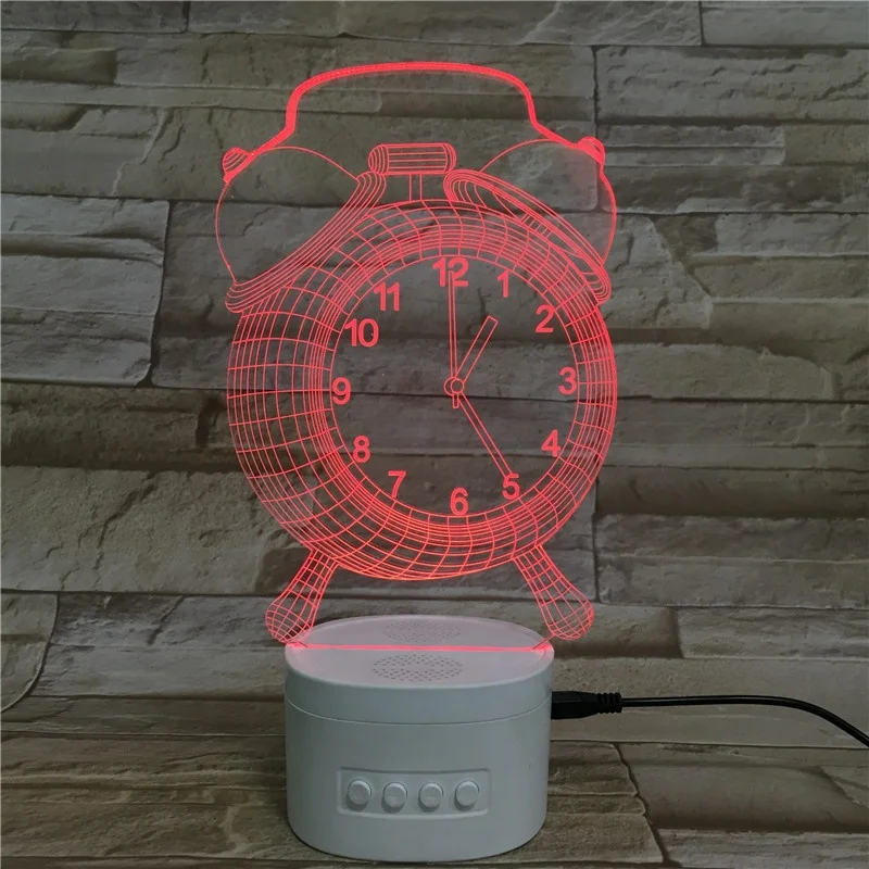 Alarm clock shape rechargeable battery wireless speaker acrylic material 3D illusion led night light 3D optical lamp
