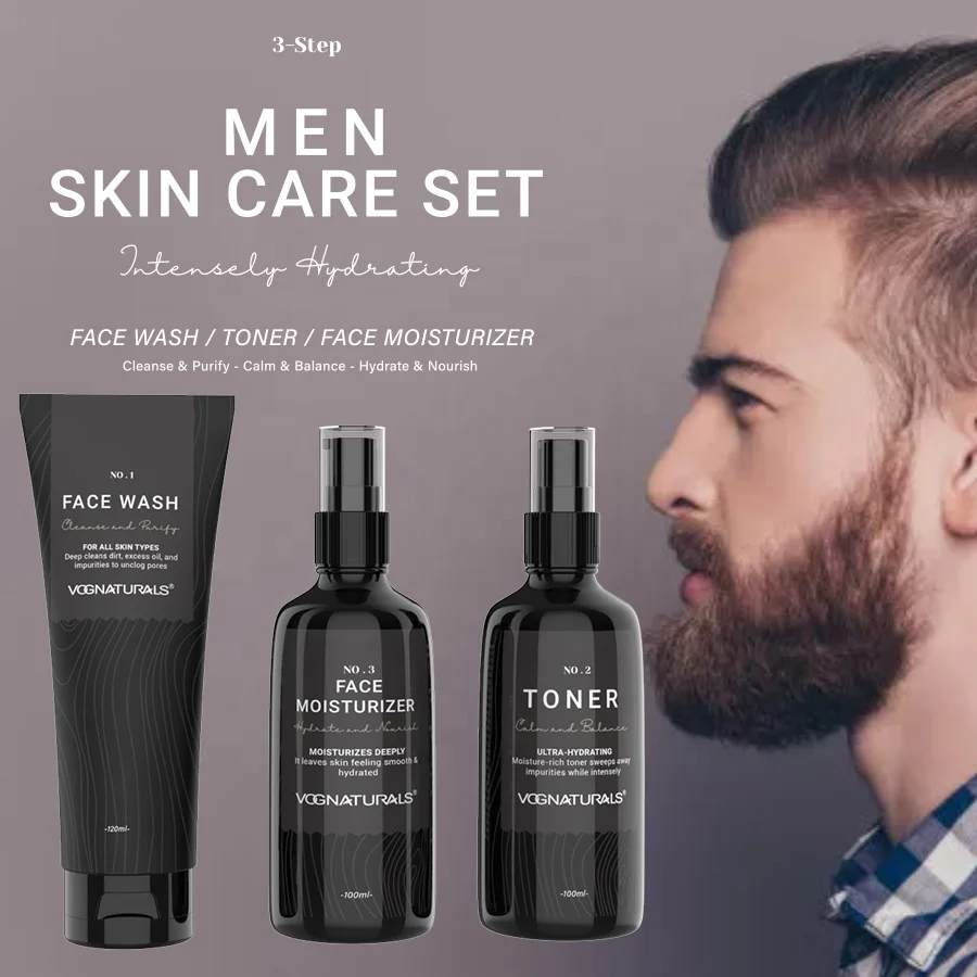 Private Label Skin Care For Men 3 Steps Routine Men Face Wash Toner And Cream Skin Care Set