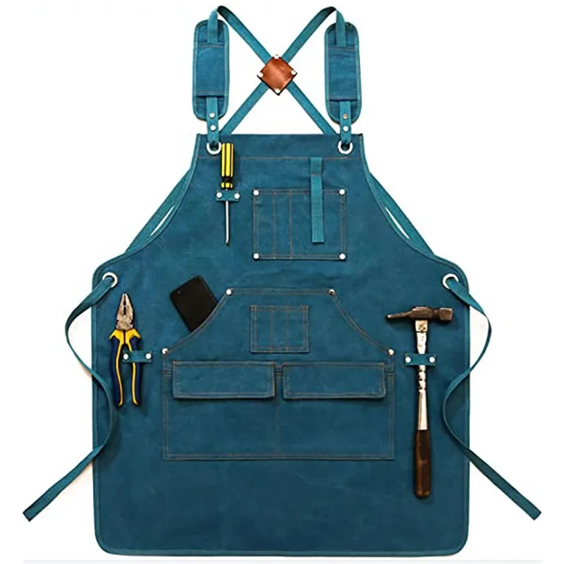 Custom logo bulk waterproof garden grilling heavy duty gray canvas garden work apron with tool pockets